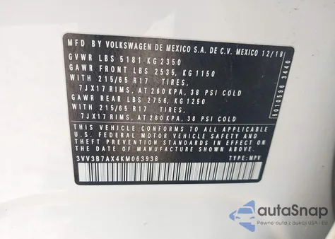 2019 Volkswagen Tiguan 2.0T Se/2.0T Sel/2.0T Sel R-Line/2.0T Sel R-Line Black from USA, damaged, VIN 3VV3B7AX4KM063938